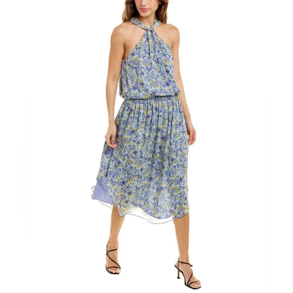 Ramy Brook Kent Floral Halter Midi Dress Blue Yellow Tie Neck Size M